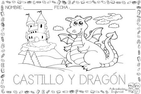  Dibujo de castillo y dragón   para colorear